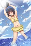  1girl absurdres arms_up ball bangs bare_arms beachball bikini black_hair blush boku_no_hero_academia breasts brown_eyes cleavage cloud day frilled_bikini frills highres jirou_kyouka looking_at_viewer medium_breasts midriff navel nico-mo ocean open_mouth outdoors partially_submerged short_hair sky smile solo swimsuit water_drop yellow_bikini 