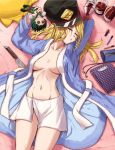  1girl bathrobe blonde_hair blood boku_no_hero_academia bottle breasts earphones eyes_closed hat highres knife long_hair long_sleeves lying medium_breasts navel nico-mo notebook on_back open_clothes parted_lips plush sleeping solo thighs toga_himiko towel_around_waist 