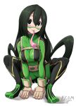  1girl asui_tsuyu belt black_eyes blush bodysuit boku_no_hero_academia boots breasts closed_mouth collarbone facepaint full_body gloves green_bodysuit green_hair highres large_breasts long_hair long_tongue looking_at_viewer nico-mo simple_background solo squatting thigh_boots thighhighs tied_hair tongue tongue_out white_background white_gloves 