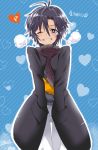  1girl alabaster_(artist) antenna_hair black_eyes black_hair breath coat commentary_request grin heart highres idolmaster kikuchi_makoto looking_at_viewer one_eye_closed scarf short_hair smile solo translation_request 