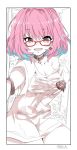  1girl ahoge alabaster_(artist) breasts cleavage collarbone commentary_request fang glasses highres idolmaster idolmaster_cinderella_girls looking_at_viewer monochrome multicolored_hair pink_hair sepia shirt short_hair short_sleeves solo t-shirt two-tone_hair yumemi_riamu 
