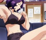  1girl black_bra bra breasts grand_blue hamaoka_azusa highres large_breasts medium_hair navel purple_hair screencap stitched third-party_edit underwear 