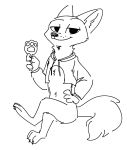  2018 anthro black_and_white bottomless canid canine chest_tuft claws clothed clothing crossed_legs disney food fox fuel_(artist) half-closed_eyes hand_on_hip hi_res holding_object looking_at_viewer male mammal meme monochrome neck_tuft nick_wilde pawpsicle popsicle simple_background sitting smile solo toe_claws tuft twitter_hoodie white_background zootopia 