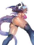  animal_humanoid blue_scales bow_(artist) breasts butt camel_toe clothed clothing dragon dragon_humanoid female fist garter_belt garter_straps horn humanoid looking_at_viewer looking_down low-angle_view nipple_outline pointy_ears purple_clothing pussy red_eyes scales simple_background skimpy solo white_background wings 