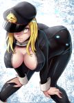  1girl ass bent_over black_bodysuit blonde_hair blue_background bodysuit boku_no_hero_academia breasts cleavage hat highres large_breasts long_hair long_sleeves matching_hair/eyes nico-mo open_clothes parted_lips solo two-tone_background utsushimi_kemii white_background wrist_cuffs yellow_eyes 