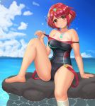  1girl bare_shoulders beach blush breasts brown_eyes cleavage commentary competition_swimsuit highres homura_(xenoblade_2) large_breasts looking_at_viewer nintendo one-piece_swimsuit parted_lips red_hair short_hair sitting solo sssemiii swimsuit tan tanline tiara water wet xenoblade_(series) xenoblade_2 