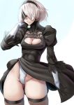  1girl black_dress black_legwear blindfold blue_background breasts cleavage cowboy_shot dress gloves gradient gradient_background hairband highleg highleg_leotard highres leotard long_hair medium_breasts mole mole_under_mouth nico-mo nier_(series) nier_automata parted_lips short_hair silver_hair solo thighhighs white_background yorha_no._2_type_b 