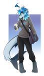  2019 absurd_res ambris anthro bag beverage blue_eyes blue_hair clothed clothing coffee erika_(ambris) fangs female fish fully_clothed grumpy hair hi_res marine multicolored_hair shark solo two_tone_hair 