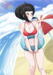  1girl asymmetrical_hair bare_arms bare_shoulders beach beach_umbrella bikini black_hair blue_eyes blush boku_no_hero_academia breasts cleavage closed_mouth collarbone highres innertube looking_to_the_side medium_breasts navel nico-mo ocean outdoors ponytail red_bikini sky solo standing swimsuit umbrella yaoyorozu_momo 