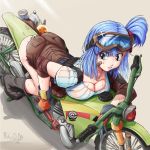  1girl ass bandaid bangs blue_eyes blue_hair boots breasts bulma cleavage dragon_ball elbow_pads eyes_visible_through_hair full_body gloves goggles goggles_on_head grey_background ground_vehicle large_breasts looking_down lying matching_hair/eyes motor_vehicle motorcycle nico-mo on_stomach parted_lips side_ponytail simple_background solo 