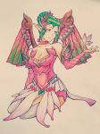  1girl alternate_wings arm_at_side arm_support bare_shoulders beige_background breasts bridal_gauntlets bug butterfly choker cleavage collarbone colored_pencil_(medium) dress elbow_gloves full_body gloves graphite_(medium) green_hair grey_eyes hair_bun hair_ornament insect light_smile looking_at_another mechanical_wings medium_breasts mercy_(overwatch) outstretched_hand overwatch pelvic_curtain pink_dress pink_gloves pink_ribbon pointy_ears ribbon ribbon_choker short_hair sidelocks simple_background sitting sleeveless sleeveless_dress solo sugar_plum_fairy_mercy thighhighs traditional_media white_legwear wings yokozuwari ziye_(1561680910) 