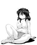  1girl belly blush breasts greyscale hair_between_eyes jimiko large_breasts looking_at_viewer messy_hair monochrome naughty_face original panties plump ryoumoto_hatsumi simple_background sitting smile socks solo sweat thick_eyebrows topless underwear white_background 