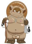  2019 anthro balls belly big_balls blush brown_fur canid canine clothing flaccid fur hat headgear headwear humanoid_hands humanoid_penis japanese_text male mammal moobs navel nipples overweight overweight_male penis raccoon_dog simple_background siretoko_panda solo tanuki text white_background 