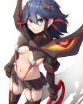  1girl angry black_gloves black_hair black_legwear blue_eyes breasts closed_mouth gloves hair_ornament highres kill_la_kill looking_up matoi_ryuuko medium_breasts multicolored_hair navel nico-mo pleated_skirt red_hair revealing_clothes scissor_blade senketsu shadow short_hair simple_background skirt solo sword thighhighs two-tone_hair weapon white_background 