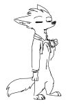 2018 ambiguous_gender anthro black_and_white bottomless canid canine charlie_(weaver) chest_tuft claws clothed clothing disney eyes_closed fan_character featureless_crotch fox fuel_(artist) head_tuft mammal meme monochrome neck_tuft pack_street simple_background solo standing toe_claws tuft twitter_hoodie white_background zootopia 