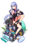  1girl assault_rifle bag bangs bare_shoulders beret black_footwear black_headwear blunt_bangs blush box breasts case character_name commentary_request competition_swimsuit double_bun eyebrows_visible_through_hair eyes_closed facial_mark g11_(girls_frontline) girls_frontline green_eyes groin gun h&amp;k_g11 hair_ornament hat high_heels highres hk416_(girls_frontline) innertube jacket knee_up large_breasts long_hair looking_at_viewer multicolored multicolored_clothes multicolored_swimsuit name_tag one-piece_swimsuit open_clothes open_jacket palm_leaf pouch ranyu rifle sandals see-through silver_hair simple_background solo swimsuit teardrop thigh_strap thighs very_long_hair weapon white_background wristband 