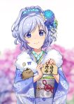  1girl alternate_costume anchor_symbol beads blue_eyes blue_hair blurry blurry_background blush chinese_zodiac commentary_request ema fengxiang_mimi field flower flower_field hair_beads hair_flower hair_ornament hair_ribbon highres holding holding_ema japanese_clothes kanzashi kimono looking_at_viewer pig ribbon short_hair sigsbee_(warship_girls_r) smile solo warship_girls_r year_of_the_pig yukata 