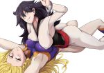  2girls ass asymmetrical_docking belt black_hair blonde_hair blush bodysuit boku_no_hero_academia breast_press breasts brown_eyes closed_mouth cuffs forehead green_eyes hair_between_eyes highres large_breasts long_hair looking_at_viewer lying midnight_(boku_no_hero_academia) mount_lady multiple_girls nico-mo on_back simple_background smile white_background 