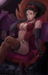  1girl asymmetrical_hair bare_shoulders bat_wings black_gloves black_hair boku_no_hero_academia breasts brown_eyes brown_legwear chair cleavage demon_tail ear_piercing elbow_gloves fake_demon_horns fake_horns fingerless_gloves garter_straps gloves large_breasts looking_at_viewer nico-mo piercing pointy_ears ponytail sitting skull solo tail thighhighs tongue tongue_out wings yaoyorozu_momo 