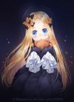 1girl :o abigail_williams_(fate/grand_order) bangs black_bow black_dress black_headwear blonde_hair blue_eyes blush bow chinobara commentary_request dress eyebrows_visible_through_hair fate/grand_order fate_(series) forehead hair_bow hat head_tilt long_hair long_sleeves looking_at_viewer object_hug orange_bow parted_bangs parted_lips pixiv_id polka_dot polka_dot_bow sleeves_past_fingers sleeves_past_wrists solo stuffed_animal stuffed_toy teddy_bear very_long_hair 