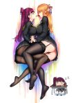  2girls ass bangs black_legwear black_panties black_serafuku black_shirt black_skirt blonde_hair blunt_bangs blush bow braid breast_press breasts brown_footwear chair chyan desk dreaming drooling eye_contact eyebrows_visible_through_hair food french_braid full_body girls_frontline green_eyes green_neckwear hair_bow hair_ribbon hair_rings hand_holding highres imminent_kiss interlocked_fingers large_breasts leg_between_thighs long_hair long_sleeves looking_at_another m1903_springfield_(girls_frontline) miniskirt multiple_girls panties pantyhose pleated_skirt pocky pocky_kiss purple_eyes purple_hair ribbon school_chair school_desk school_uniform serafuku shared_food shirt skirt sleeping soles symmetrical_docking thighhighs thong underwear uniform wa2000_(girls_frontline) yuri 