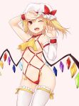  1girl alternate_costume arm_up ascot blonde_hair blush bow breasts choker commentary_request cowboy_shot crystal detached_sleeves fangs flandre_scarlet groin hand_up hat hat_bow highres leg_ribbon leotard looking_at_viewer miyo_(ranthath) mob_cap navel o-ring one_eye_closed one_side_up open_mouth pink_background red_bow red_choker red_eyes red_leotard revealing_clothes ribbon ribbon_choker short_hair simple_background single_sleeve small_breasts solo standing stomach thighhighs thighs touhou white_headwear white_legwear wings wrist_cuffs yellow_neckwear yellow_ribbon 