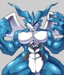  abs anthro barely_visible_genitalia barely_visible_pussy biceps blue_scales breasts claws digimon digimon_(species) exveemon featureless_breasts female fist front_view grey_background grin hi_res horn ketsuneko looking_at_viewer muscular muscular_female navel nipple_outline portrait pubic_mound pussy quads red_eyes scales simple_background smile solo three-quarter_portrait white_scales wings 
