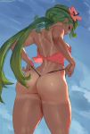  1girl absurdres artist_name ass bikini breasts creatures_(company) cutesexyrobutts dark_skin flower from_behind game_freak green_eyes green_hair hair_flower hair_ornament highres huge_ass long_hair looking_at_viewer looking_back mao_(pokemon) medium_breasts nintendo paid_reward patreon_reward pokemon pokemon_(game) pokemon_sm sideboob signature solo swimsuit tan tanline thighs thong 