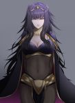  1girl absurdres arms_behind_back artist_request bangs black_hair bodystocking breasts cape cleavage commentary_request covered_navel eyebrows_visible_through_hair fire_emblem fire_emblem:_kakusei grey_background highres jewelry large_breasts lips long_hair looking_at_viewer nintendo parted_lips pelvic_curtain purple_eyes shiny shiny_hair signature simple_background skin_tight smile solo tharja tiara turtleneck 