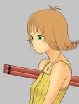  1girl breasts brown_hair bubinoana closed_mouth commentary_request final_fantasy final_fantasy_viii flipped_hair green_eyes highres jewelry necklace nunchaku selphie_tilmitt short_hair simple_background smile solo weapon yellow_overalls 