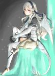  1girl armor barefoot black_gloves black_hairband closed_mouth dragon_tail dragon_wings female_my_unit_(fire_emblem_if) fire_emblem fire_emblem_if from_side gloves hairband long_hair looking_to_the_side my_unit_(fire_emblem_if) nintendo pointy_ears red_eyes robaco sitting solo tail twitter_username white_hair wings 