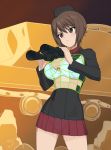  1girl a1 binoculars blue_bra blue_panties blush bra breasts brown_eyes brown_hair closed_mouth covered_navel eyebrows eyebrows_visible_through_hair frilled_bra frilled_panties frills girls_und_panzer ground_vehicle hat kuromorimine_military_uniform large_breasts military military_uniform military_vehicle motor_vehicle nishizumi_maho panties red_skirt see-through shiny shiny_hair shiny_skin skirt solo tank underwear uniform x-ray 