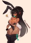  &lt;3 beauty_mark big_breasts black_hair breast_rest breasts bunny_costume cleavage clothed clothing condom condom_in_mouth costume cuffs_(disambiguation) elf fake_ears fake_rabbit_ears fake_rabbit_tail fake_tail female hair hi_res humanoid kanel legwear leotard long_hair mouth_hold necktie not_furry pointy_ears rabbit_tail solo thigh_highs 