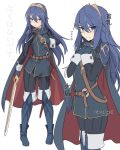  1girl bangs belt blue_eyes blue_footwear blue_hair blush bodysuit boots cape commentary_request english_text eyebrows_visible_through_hair falchion_(fire_emblem) fingerless_gloves fire_emblem fire_emblem:_kakusei full_body gloves hair_between_eyes hands_on_own_chest hands_together holding holding_sword holding_weapon long_hair looking_at_viewer lucina nintendo shiseki_hirame shoulder_armor simple_background standing sword thigh_boots thighhighs tiara translation_request weapon white_background wrist_cuffs 