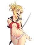  1girl bangs bare_arms blonde_hair boku_no_hero_academia breasts collarbone double_bun highres katana looking_at_viewer matching_hair/eyes medium_breasts messy_hair navel nico-mo no_bra open_mouth panties sidelocks simple_background solo sword teeth thigh_gap toga_himiko tongue underwear weapon white_background white_panties yellow_eyes 