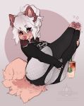  anthro beverage canid canine chibi clothed clothing ear_piercing female hair l2edpanda looking_at_viewer mammal piercing sitting solo thick_thighs 