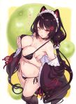  1girl animal_ears areola_slip areolae bangs bikini black_bikini black_hair black_legwear blush breasts cat_ears cleavage eyebrows_visible_through_hair hair_ornament heterochromia highres inui_toko kiyama_satoshi large_breasts long_hair looking_at_viewer maid nijisanji open_clothes red_eyes solo swimsuit thighhighs twintails very_long_hair virtual_youtuber yellow_eyes 