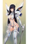  1girl bangs black_hair blue_eyes border breasts cleavage gloves highres junketsu katana kill_la_kill kiryuuin_satsuki large_breasts long_hair long_sleeves navel nico-mo parted_lips revealing_clothes solo sword thighhighs weapon white_border white_gloves white_legwear 