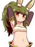  1girl animal_ear_fluff animal_ears arms_up bandeau bangs black_gloves blush breasts bunny_ears closed_mouth commentary_request elbow_gloves eyebrows_visible_through_hair gloves green_hair groin hair_between_eyes high_ponytail highres long_hair looking_at_viewer masurao_(sekaiju) naga_u navel ponytail red_eyes sekaiju_no_meikyuu sekaiju_no_meikyuu_5 simple_background small_breasts solo upper_body white_background white_bandeau 