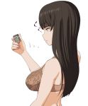  1girl a1 black_hair blush bra breasts brown_bra brown_eyes closed_mouth eyebrows eyebrows_visible_through_hair girls_und_panzer large_breasts long_hair monochrome_background nishizumi_shiho shiny shiny_hair shiny_skin simple_background solo underwear white_background 