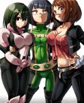  3girls asui_tsuyu bangs belt black_eyes black_hair blush_stickers bob_cut bodysuit boku_no_hero_academia breasts brown_eyes brown_hair cleavage closed_mouth collarbone cosplay costume_switch cowboy_shot crop_top cropped_jacket fingerless_gloves gloves green_hair hand_on_hip impossible_clothes jirou_kyouka large_breasts long_hair looking_at_viewer looking_to_the_side medium_breasts midriff multiple_girls nico-mo pants parted_lips short_hair simple_background uraraka_ochako white_background yellow_eyes 