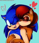  &lt;3 2016 blue_fur carpenatem chipmunk couple_(disambiguation) duo eulipotyphlan eyes_closed female fur ground_squirrel hair hedgehog hug kissing male mammal one_eye_closed red_hair rodent sally_acorn sciurid simple_background sonic_(series) sonic_the_hedgehog 