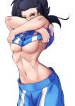  10s 1girl asymmetrical_hair black_hair boku_no_hero_academia breasts brown_eyes highres large_breasts looking_to_the_side midriff navel nico-mo ponytail shirt_lift short_sleeves simple_background solo sportswear underboob undressing white_background yaoyorozu_momo 