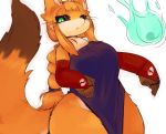  anthro armwear big_breasts black_sclera breasts bridal_gauntlets canid canine chinese_clothing chinese_dress chipar claws clothing dipstick_tail dress female fluffy fox fur green_eyes hair hi_res kemono long_hair looking_at_viewer mammal multicolored_tail orange_fur orange_hair ponytail simple_background slit_pupils solo standing thick_thighs voluptuous whiskers white_background wide_hips will-o-wisp 