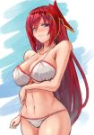 1girl alternate_costume arm_under_breasts bangs bare_shoulders bikini blue_eyes blush breasts cleavage closed_mouth collarbone eyebrows_visible_through_hair godguard_brodia granblue_fantasy hair_between_eyes hair_ornament halterneck large_breasts long_hair looking_at_viewer moppo navel red_hair solo stomach swimsuit thighs underboob very_long_hair 