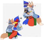  &lt;3 2019 anthro arulerur avian bird blush canid canine canis clothed clothing duo eyes_closed falco_lombardi fox fox_mccloud hug kissing male male/male mammal nintendo simple_background smile star_fox video_games 