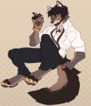  absurd_res anthro beard canid canine canis cigar clock clothed clothing domestic_dog facial_hair hi_res looking_at_viewer male mammal necktie simple_background smile solo teil watch wristwatch 