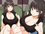  1girl black_hair breasts brown_eyes cleavage denim denim_shorts highres hime_cut large_breasts looking_at_viewer medium_hair mole mole_on_breast original pointing pointing_at_self ribbed_shirt ribbed_sweater shirt shorts sitting sleeveless smile sweater yac_(mokkori) 