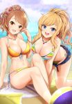  2girls :d all_fours bangs bare_shoulders beach belt bikini blonde_hair blue_eyes blush bracelet breasts brown_eyes brown_hair cleavage cloud collarbone day eyebrows_visible_through_hair flower flower_wreath hair_flower hair_ornament halter_top halterneck head_wreath highres houjou_karen idolmaster idolmaster_cinderella_girls jewelry kazu large_breasts long_hair looking_at_viewer multiple_girls navel necklace ootsuki_yui open_mouth orange_bikini outdoors ponytail short_shorts shorts side-tie_bikini sitting sky smile stomach swept_bangs swimsuit upper_teeth wavy_hair 