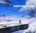  1boy album_cover aldo_(another_eden) another_eden bird black_hair blue_sky cat cloud cloudy_sky copyright_name cover day english_text floating_city floating_island flock highres landscape official_art outdoors scenery sky varuo_(another_eden) 